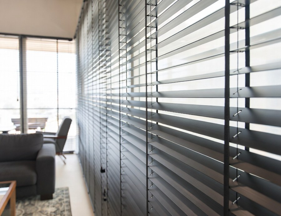Close-up of dark horizontal aluminum blinds