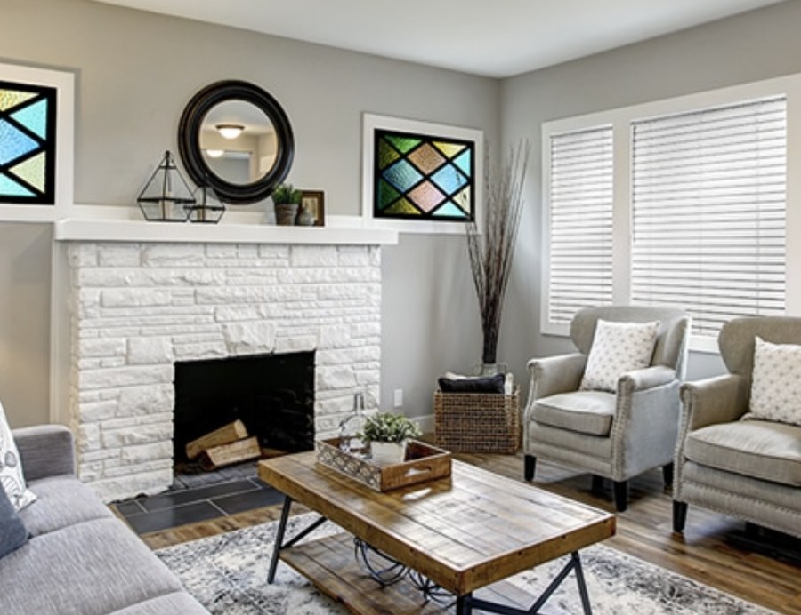 Faux wood blinds in a Northern Virginia living room
