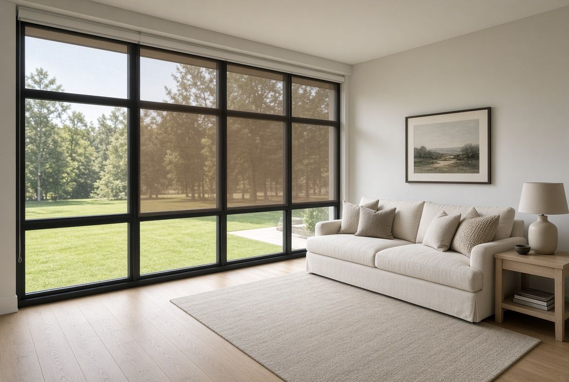 Living room with solar film on large windows, cutting heat and glare