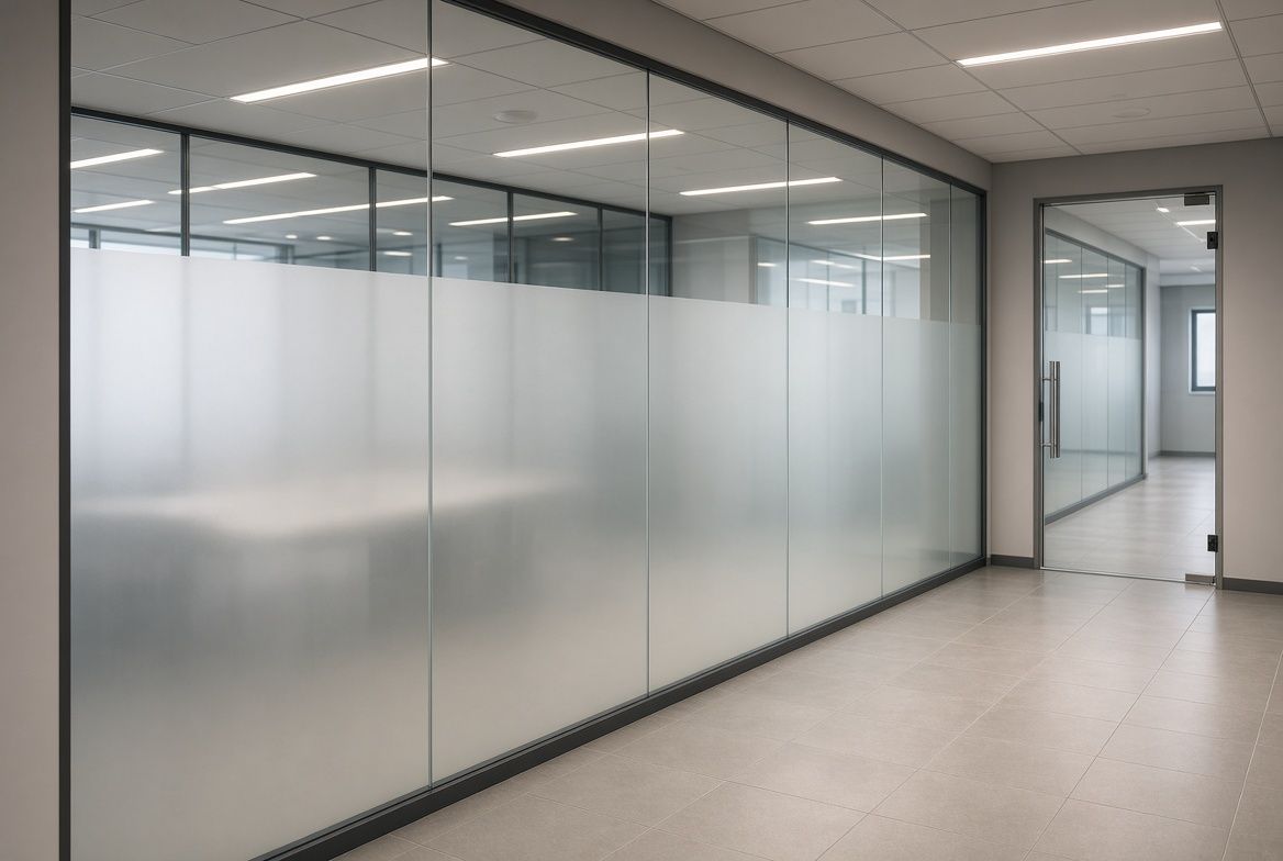 Office glass partition with a frosted privacy film band