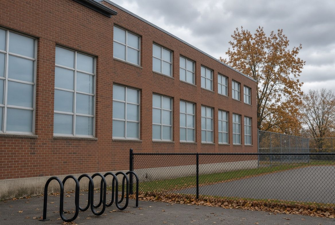 Brick school building with film on classroom windows