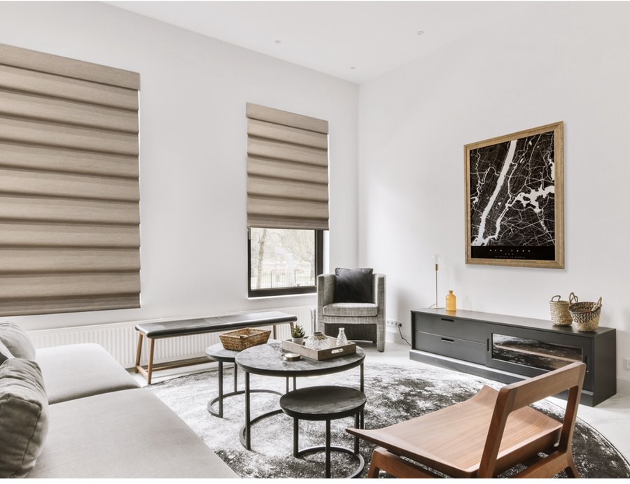 Roman shades with soft folds in a living room